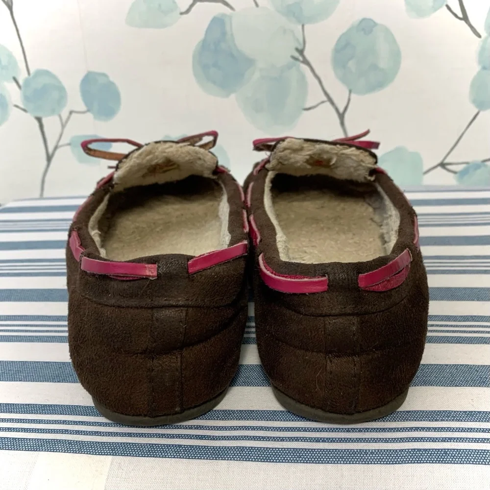 Airwalk Kids Classic Brown Suede Sherpa Fur Moccasin Slippers Shoes Pink Bow